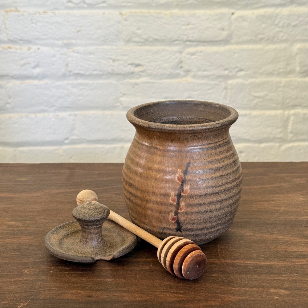 Studio Pottery Honey Pot with Lid and Wooden Dipper Brown Ribbed Floral PC Mark - Picture 2 of 7